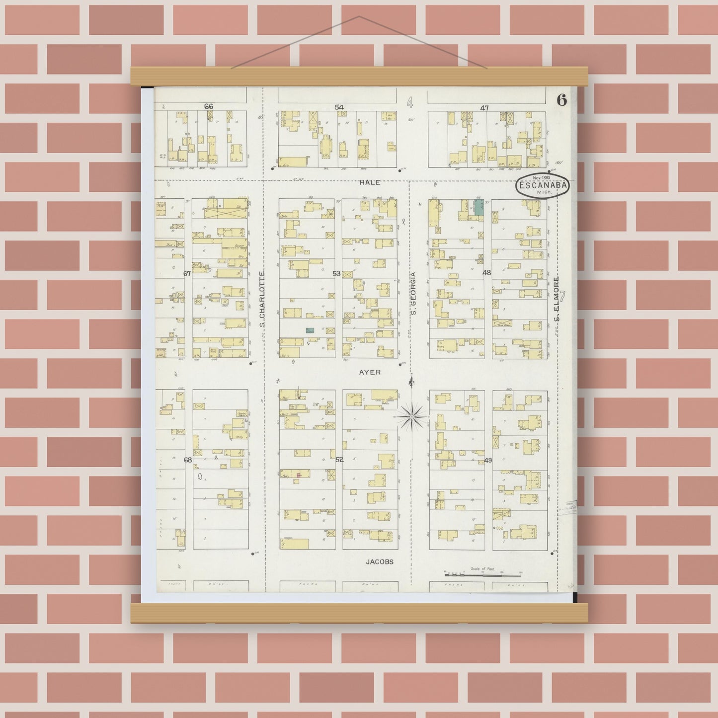 Old map wall art mockup — magnetic wood frame on brick wall — Sanborn Fire Insurance Map from Escanaba, Delta County, Michigan (1893), Sheet #0006