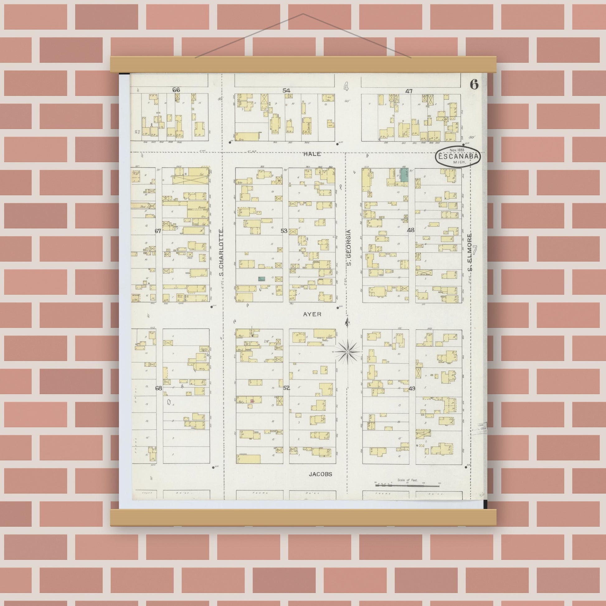 Old map wall art mockup — magnetic wood frame on brick wall — Sanborn Fire Insurance Map from Escanaba, Delta County, Michigan (1893), Sheet #0006
