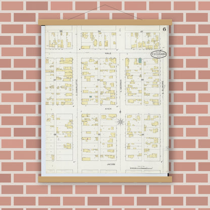 Old map wall art mockup — magnetic wood frame on brick wall — Sanborn Fire Insurance Map from Escanaba, Delta County, Michigan (1893), Sheet #0006