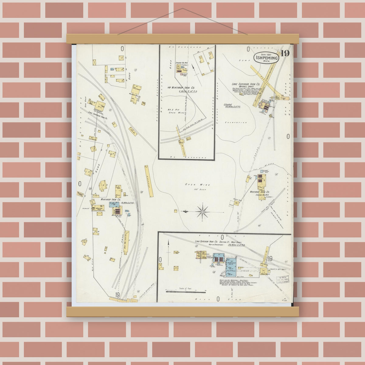 Old map wall art mockup — magnetic wood frame on brick wall — Sanborn Fire Insurance Map from Ishpeming, Marquette County, Michigan (1897), Sheet #0019