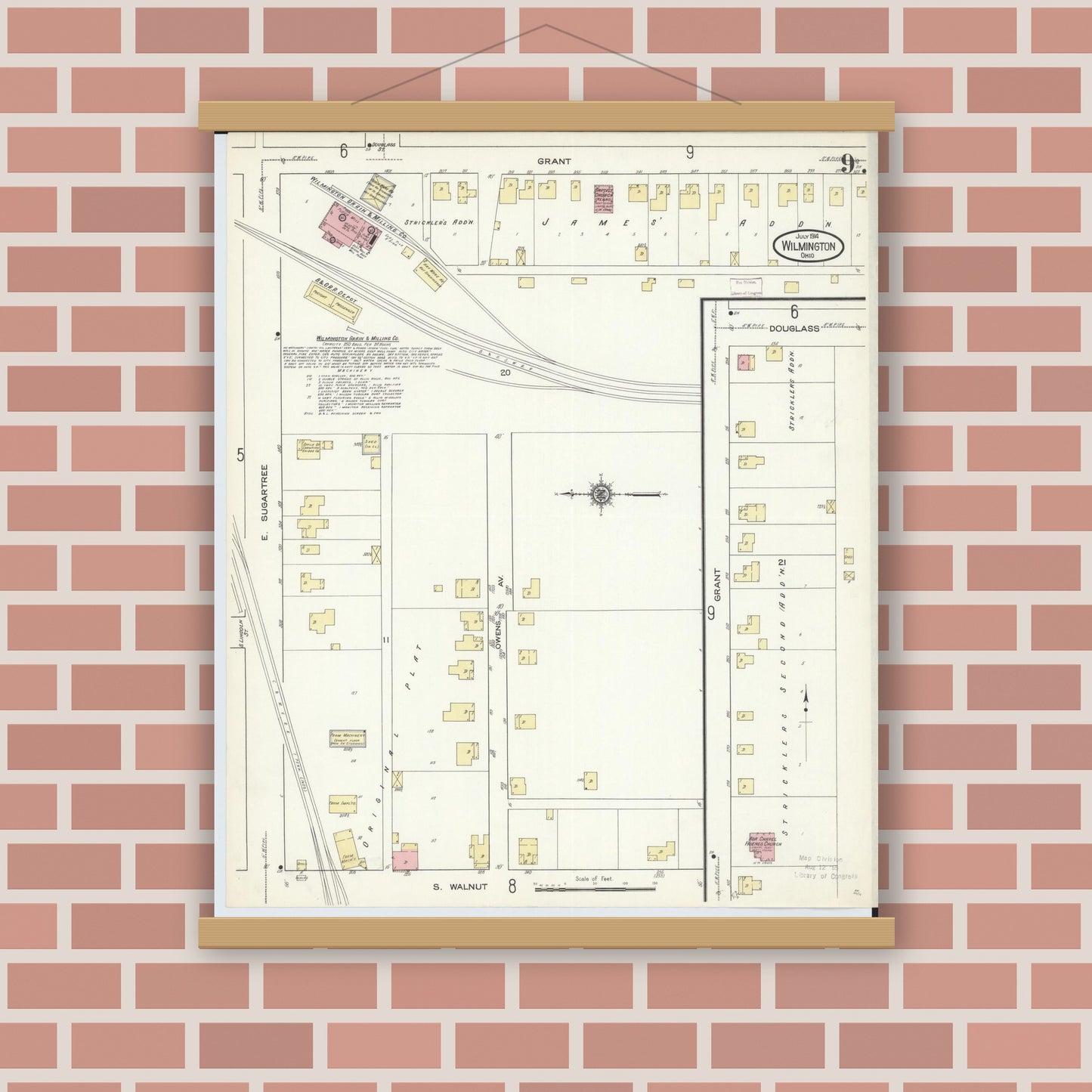 Old map wall art mockup — magnetic wood frame on brick wall — Sanborn Fire Insurance Map from Wilmington, Clinton County, Ohio (1914), Sheet #0009