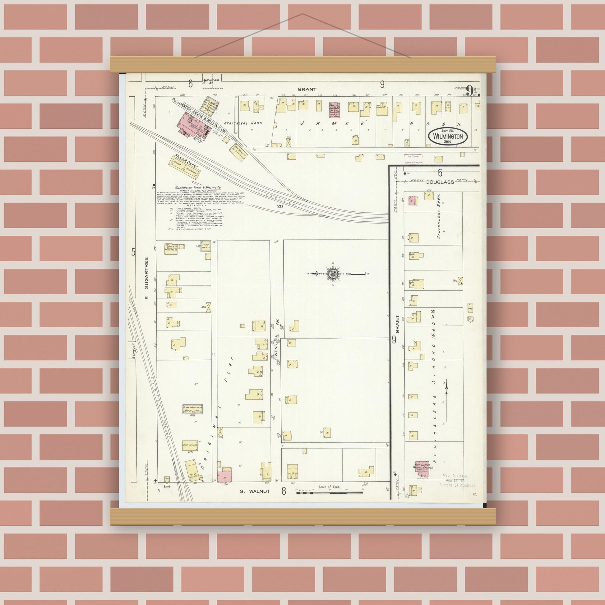 Old map wall art mockup — magnetic wood frame on brick wall — Sanborn Fire Insurance Map from Wilmington, Clinton County, Ohio (1914), Sheet #0009
