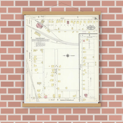 Old map wall art mockup — magnetic wood frame on brick wall — Sanborn Fire Insurance Map from Wilmington, Clinton County, Ohio (1914), Sheet #0009