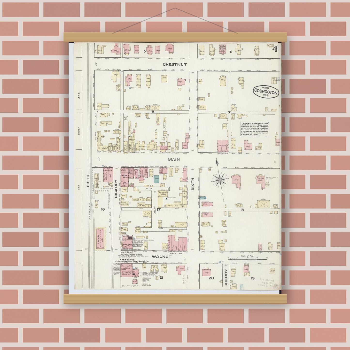 Old map wall art mockup — magnetic wood frame on brick wall — Sanborn Fire Insurance Map from Coshocton, Coshocton County, Ohio (1884), Sheet #0004