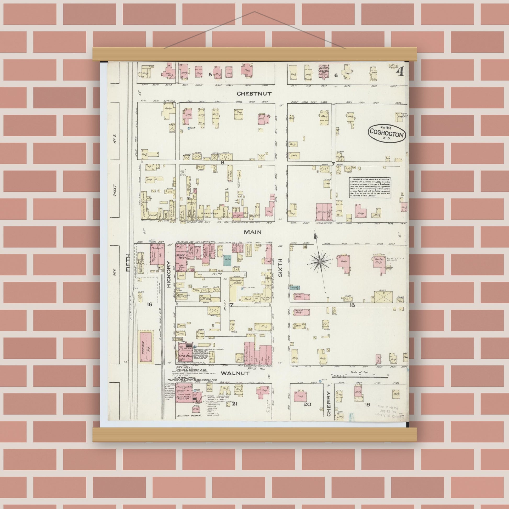Old map wall art mockup — magnetic wood frame on brick wall — Sanborn Fire Insurance Map from Coshocton, Coshocton County, Ohio (1884), Sheet #0004