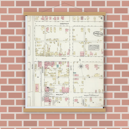 Old map wall art mockup — magnetic wood frame on brick wall — Sanborn Fire Insurance Map from Coshocton, Coshocton County, Ohio (1884), Sheet #0004