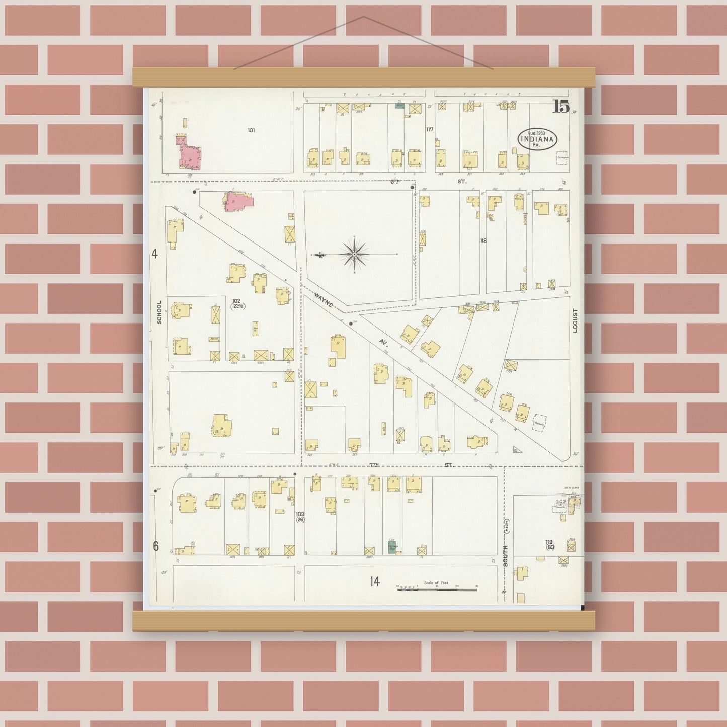 Old map wall art mockup — magnetic wood frame on brick wall — Sanborn Fire Insurance Map from Indiana, Indiana County, Pennsylvania (1903), Sheet #0015