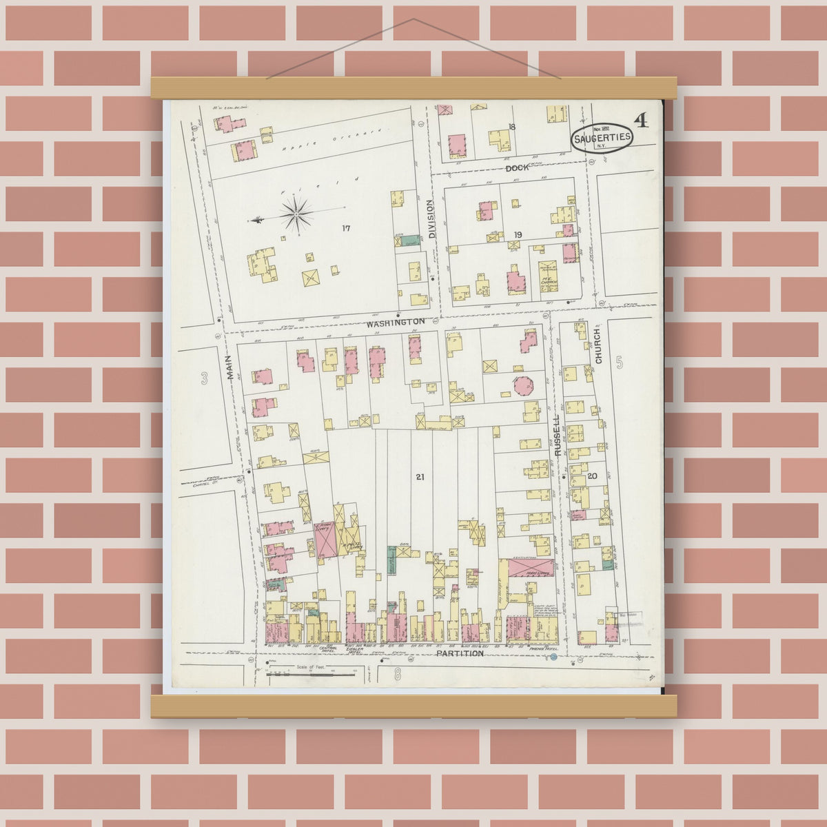 Old map wall art mockup — magnetic wood frame on brick wall — Sanborn Fire Insurance Map from Saugerties, Ulster County, New York (1892), Sheet #0004