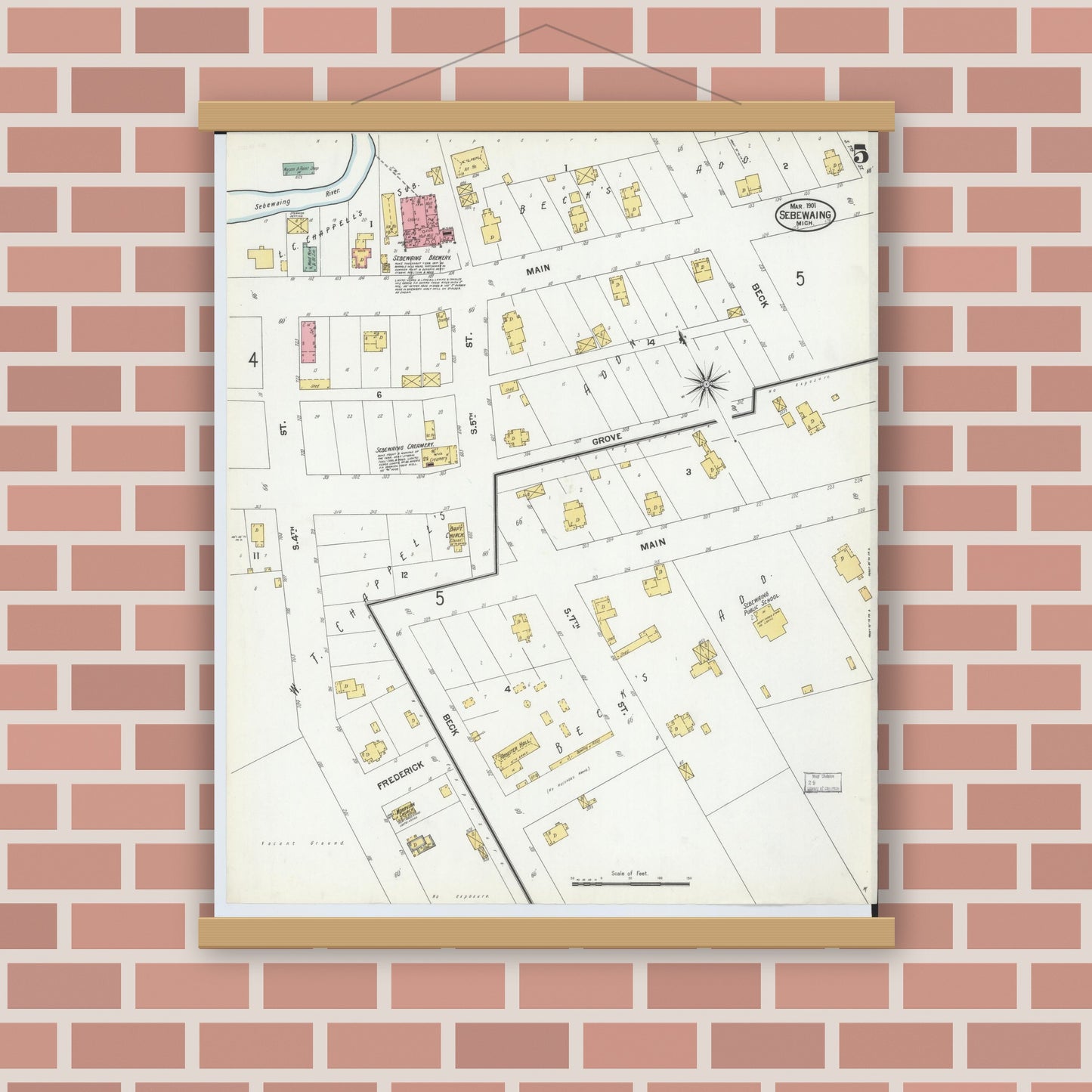 Old map wall art mockup — magnetic wood frame on brick wall — Sanborn Fire Insurance Map from Sebewaing, Huron County, Michigan (1901), Sheet #0005