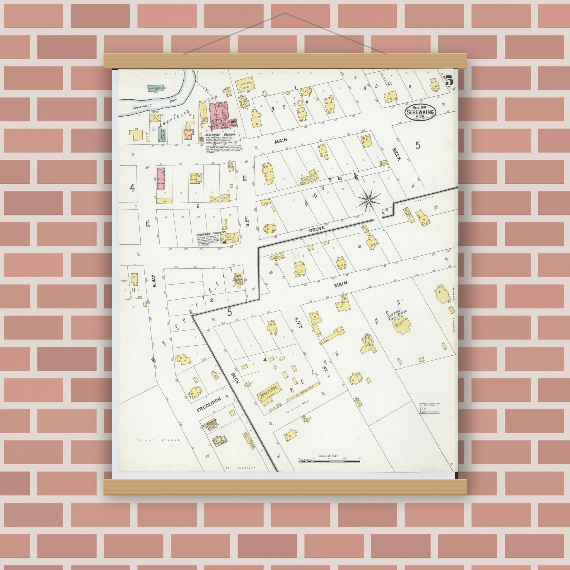 Old map wall art mockup — magnetic wood frame on brick wall — Sanborn Fire Insurance Map from Sebewaing, Huron County, Michigan (1901), Sheet #0005
