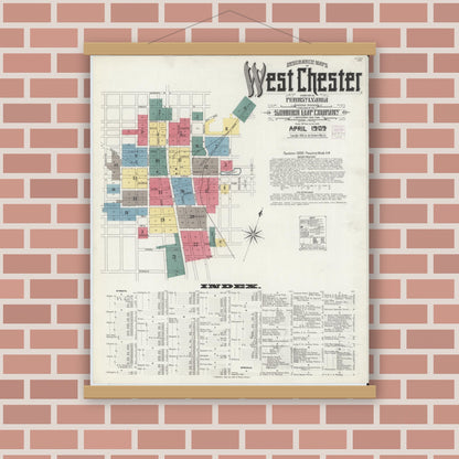Old map wall art mockup — magnetic wood frame on brick wall — Sanborn Fire Insurance Map from West Chester, Chester County, Pennsylvania (1909), Sheet #0001