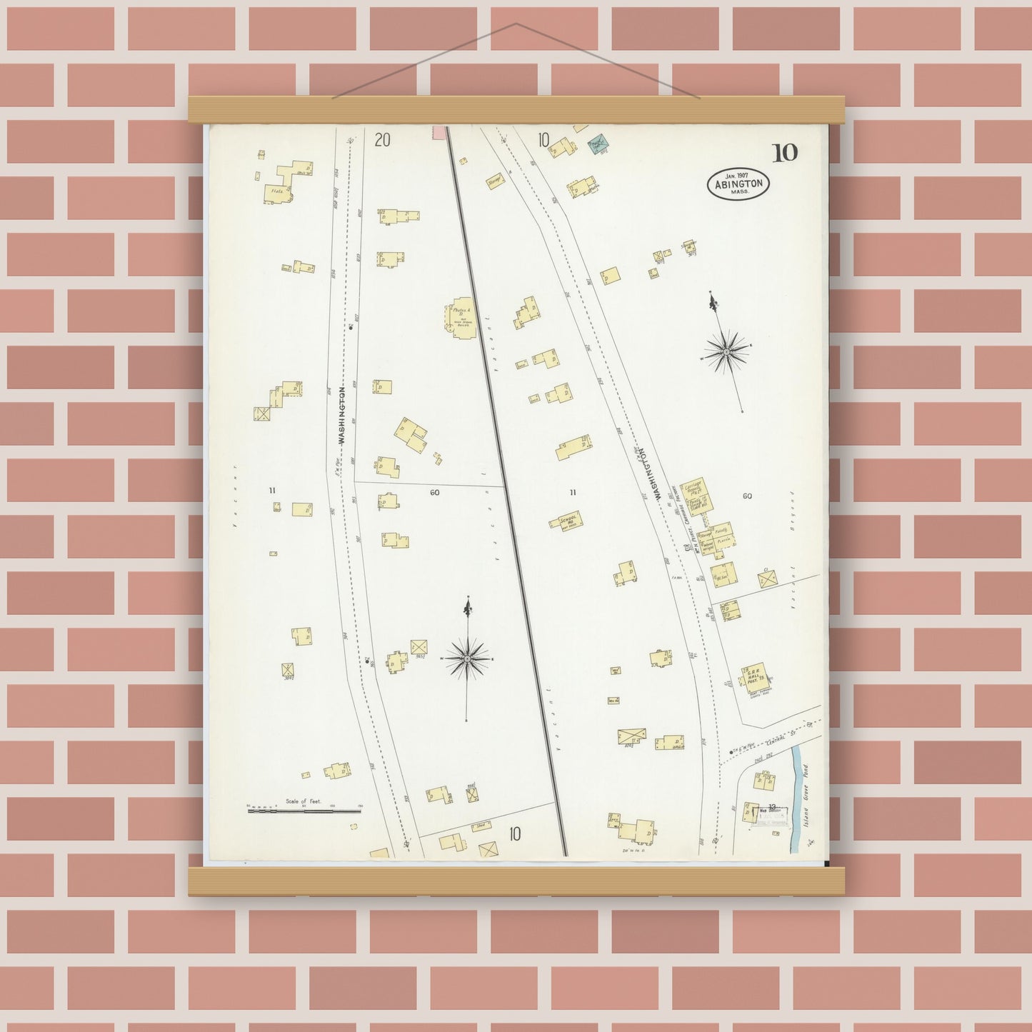 Old map wall art mockup — magnetic wood frame on brick wall — Sanborn Fire Insurance Map from Abington, Plymouth County, Massachusetts (1907), Sheet #0010