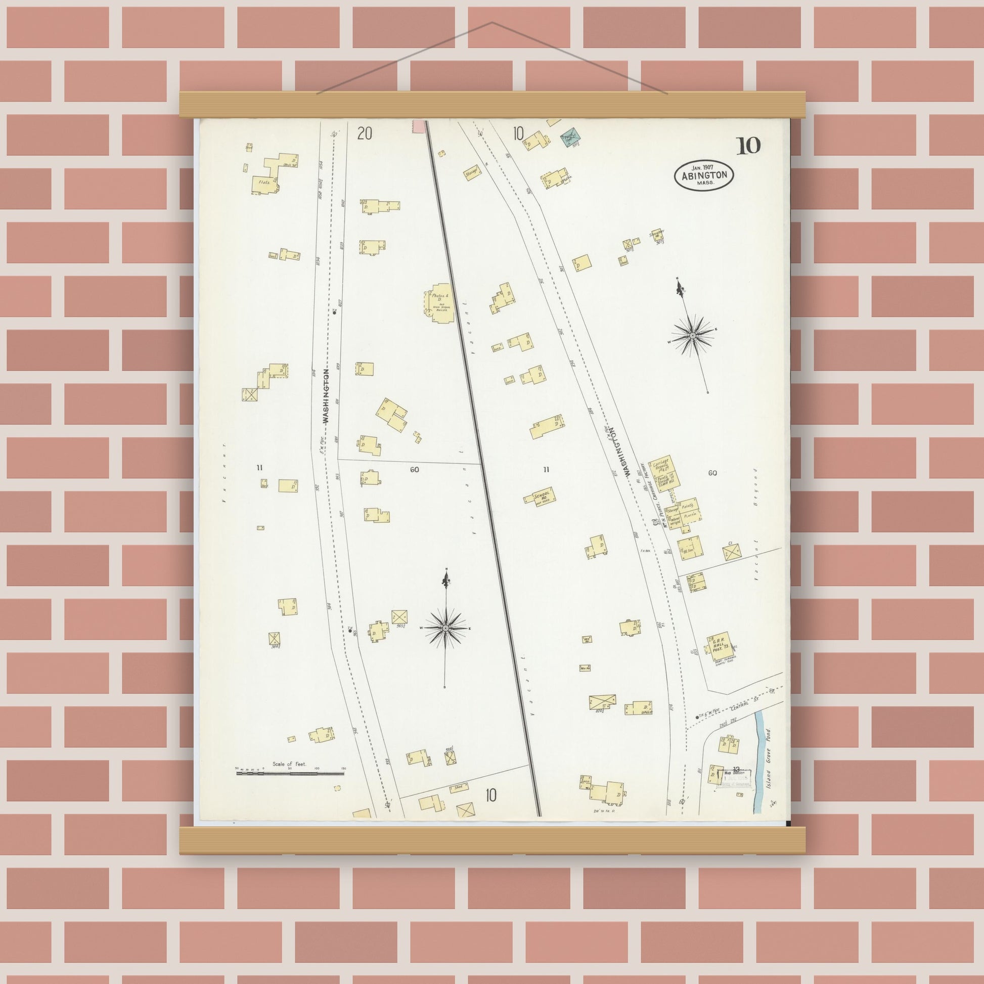 Old map wall art mockup — magnetic wood frame on brick wall — Sanborn Fire Insurance Map from Abington, Plymouth County, Massachusetts (1907), Sheet #0010