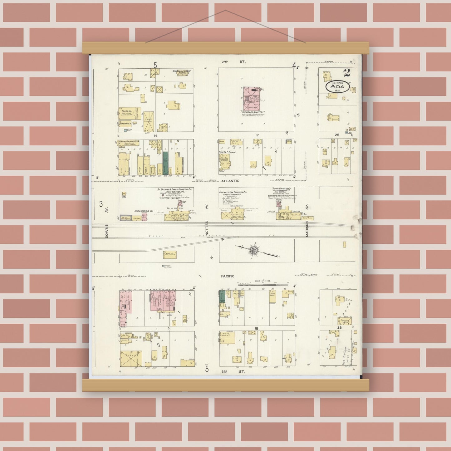 Old map wall art mockup — magnetic wood frame on brick wall — Sanborn Fire Insurance Map from Ada, Norman County, Minnesota (1909), Sheet #0002