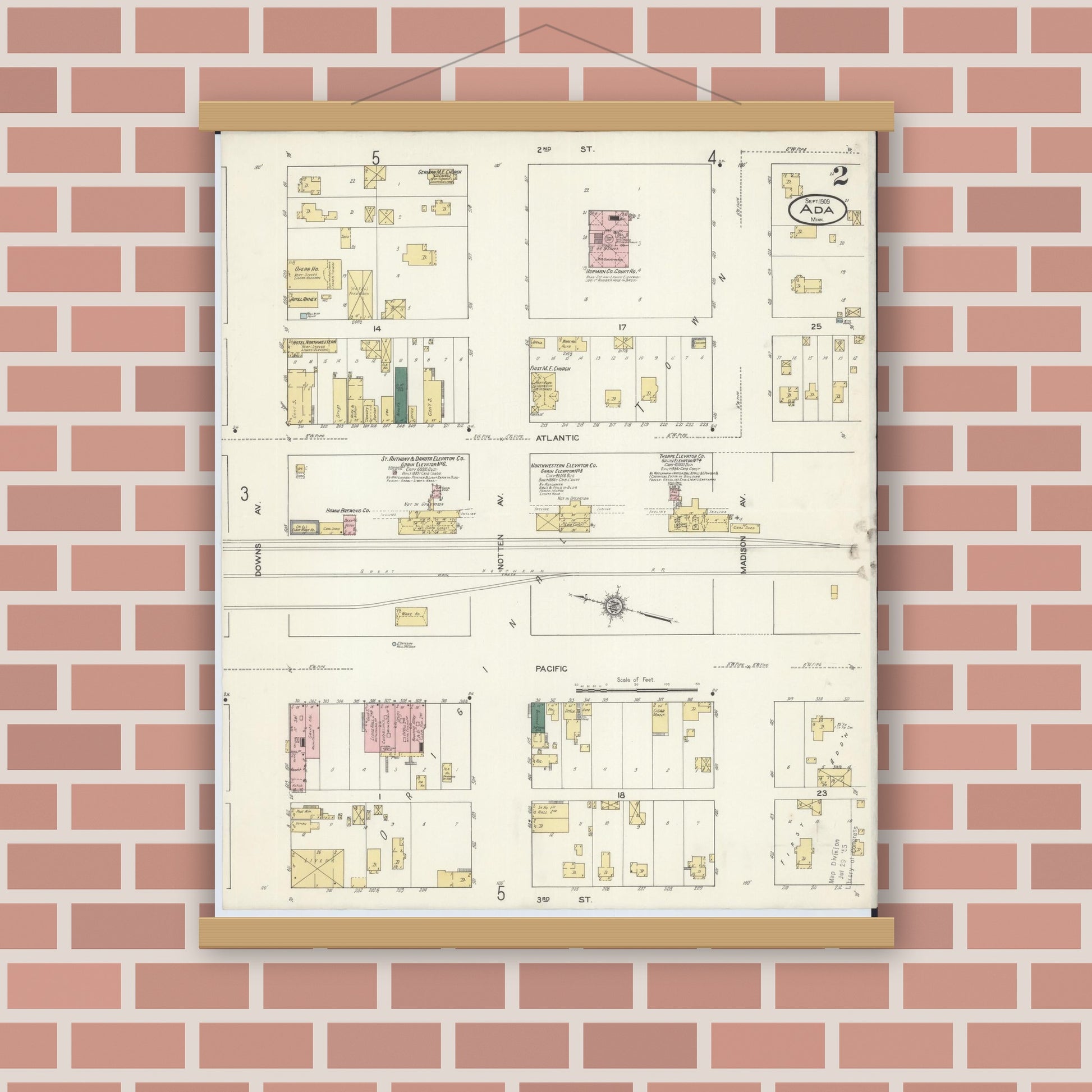 Old map wall art mockup — magnetic wood frame on brick wall — Sanborn Fire Insurance Map from Ada, Norman County, Minnesota (1909), Sheet #0002
