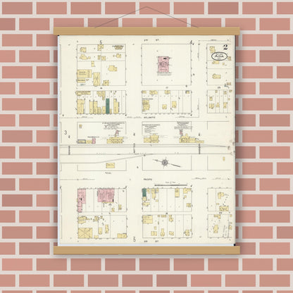 Old map wall art mockup — magnetic wood frame on brick wall — Sanborn Fire Insurance Map from Ada, Norman County, Minnesota (1909), Sheet #0002