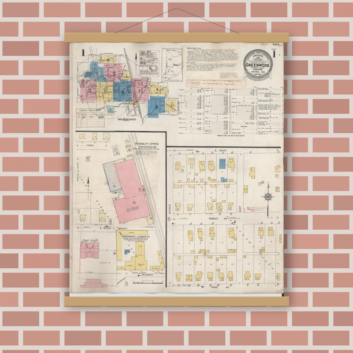 Old map wall art mockup — magnetic wood frame on brick wall — Sanborn Fire Insurance Map from Greenwood, Johnson County, Indiana (1940) - Complete Map Set