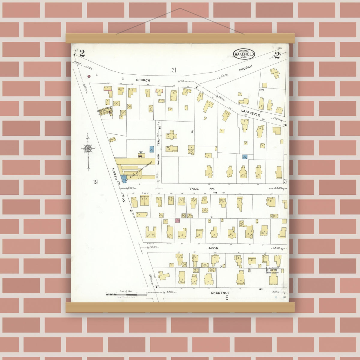 Old map wall art mockup — magnetic wood frame on brick wall — Sanborn Fire Insurance Map from Wakefield, Middlesex County, Massachusetts (1923), Sheet #0002