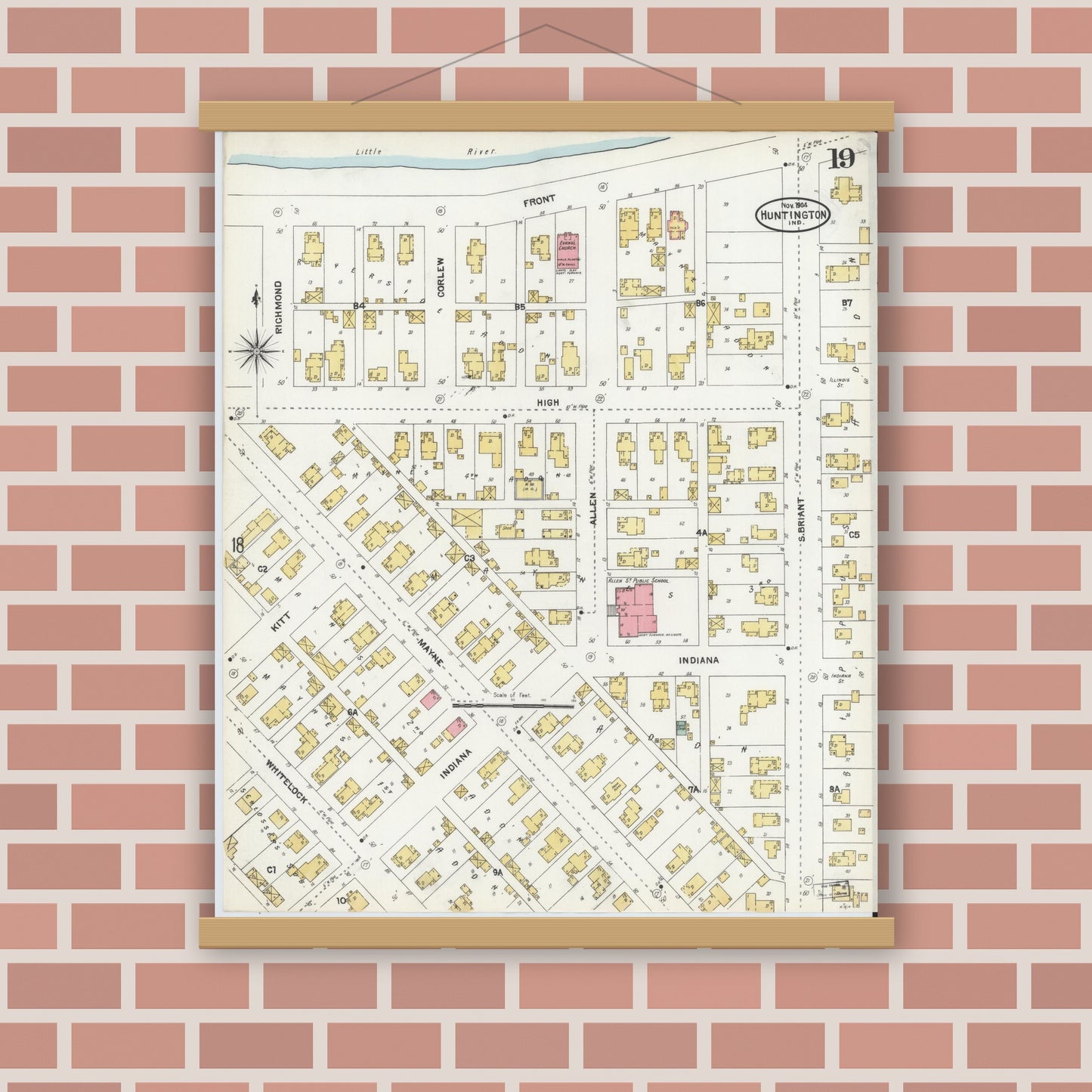 Old map wall art mockup — magnetic wood frame on brick wall — Sanborn Fire Insurance Map from Huntington, Huntington County, Indiana (1904), Sheet #0019