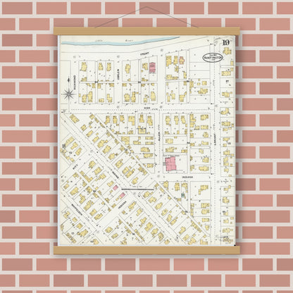 Old map wall art mockup — magnetic wood frame on brick wall — Sanborn Fire Insurance Map from Huntington, Huntington County, Indiana (1904), Sheet #0019