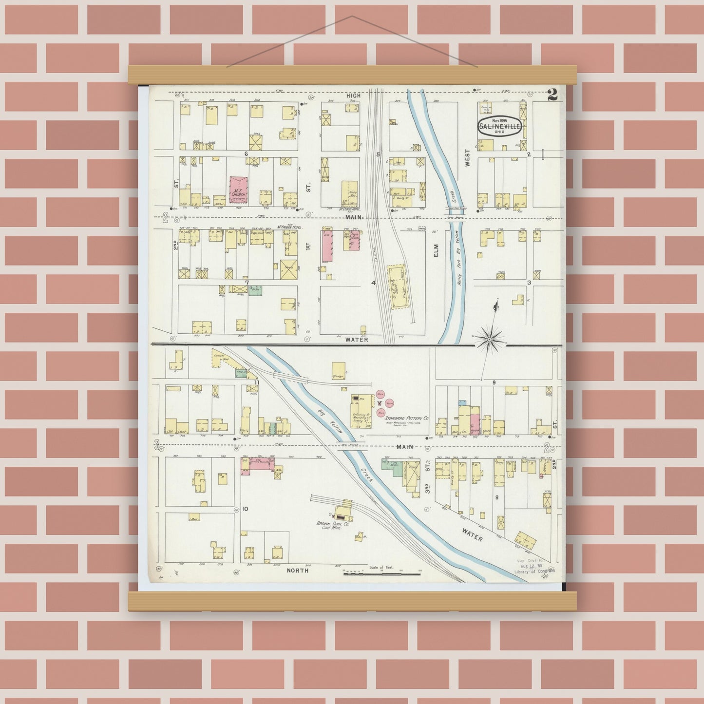 Old map wall art mockup — magnetic wood frame on brick wall — Sanborn Fire Insurance Map from Salineville, Columbiana County, Ohio (1895), Sheet #0002