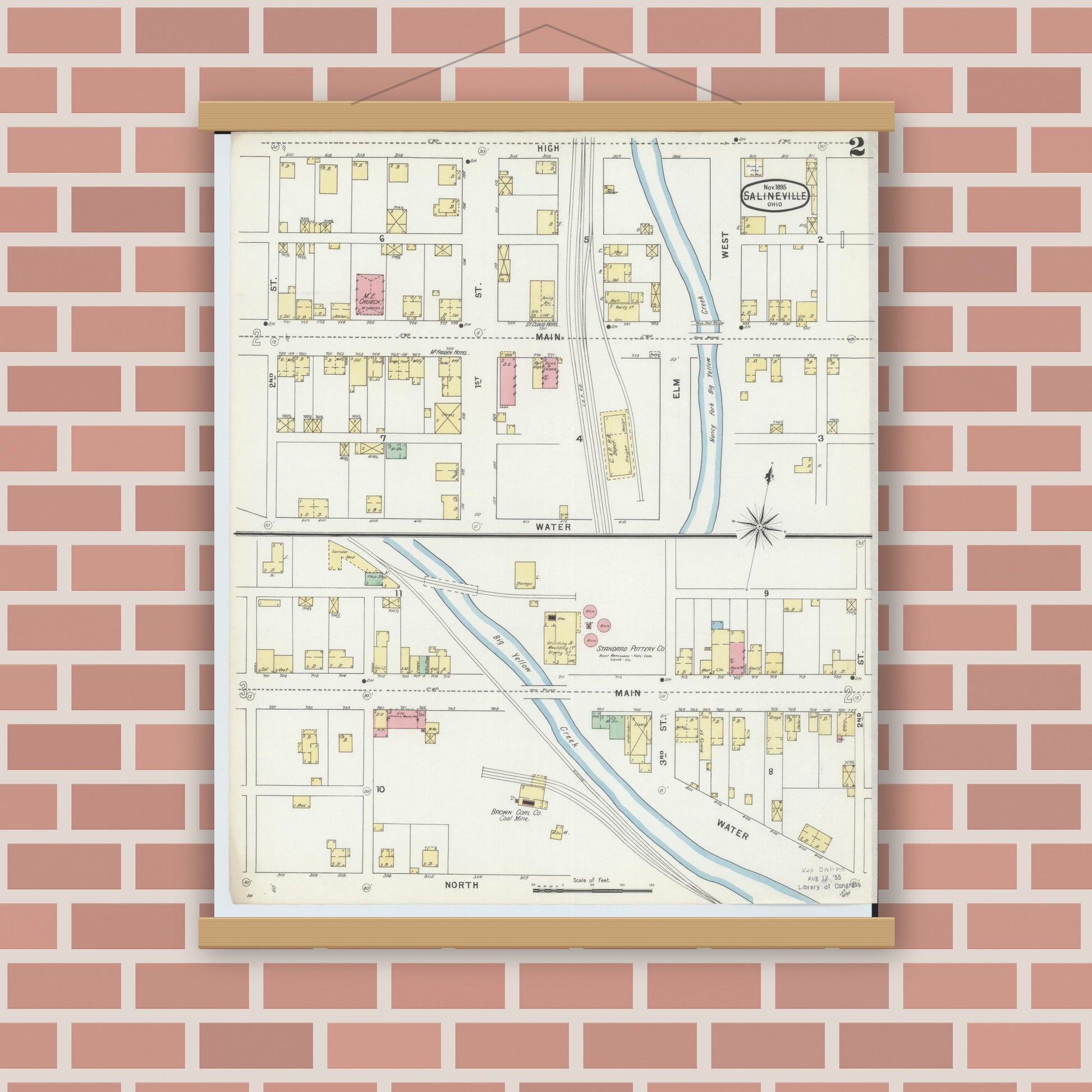 Old map wall art mockup — magnetic wood frame on brick wall — Sanborn Fire Insurance Map from Salineville, Columbiana County, Ohio (1895), Sheet #0002