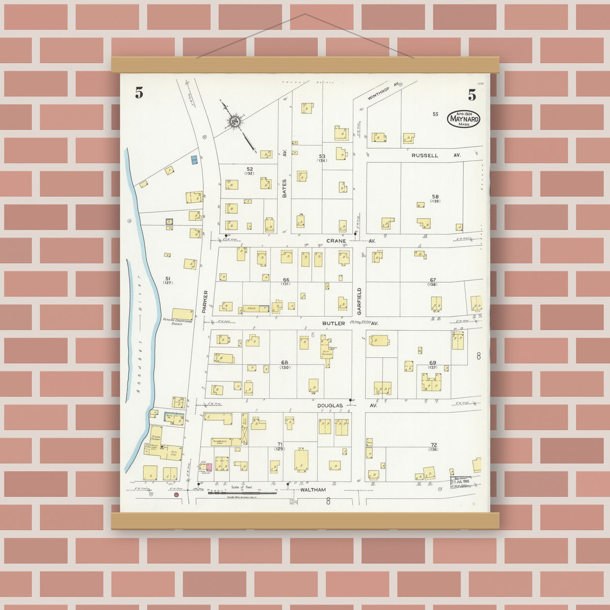 Old map wall art mockup — magnetic wood frame on brick wall — Sanborn Fire Insurance Map from Maynard, Middlesex County, Massachusetts (1924), Sheet #0005