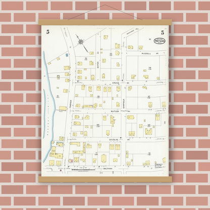 Old map wall art mockup — magnetic wood frame on brick wall — Sanborn Fire Insurance Map from Maynard, Middlesex County, Massachusetts (1924), Sheet #0005