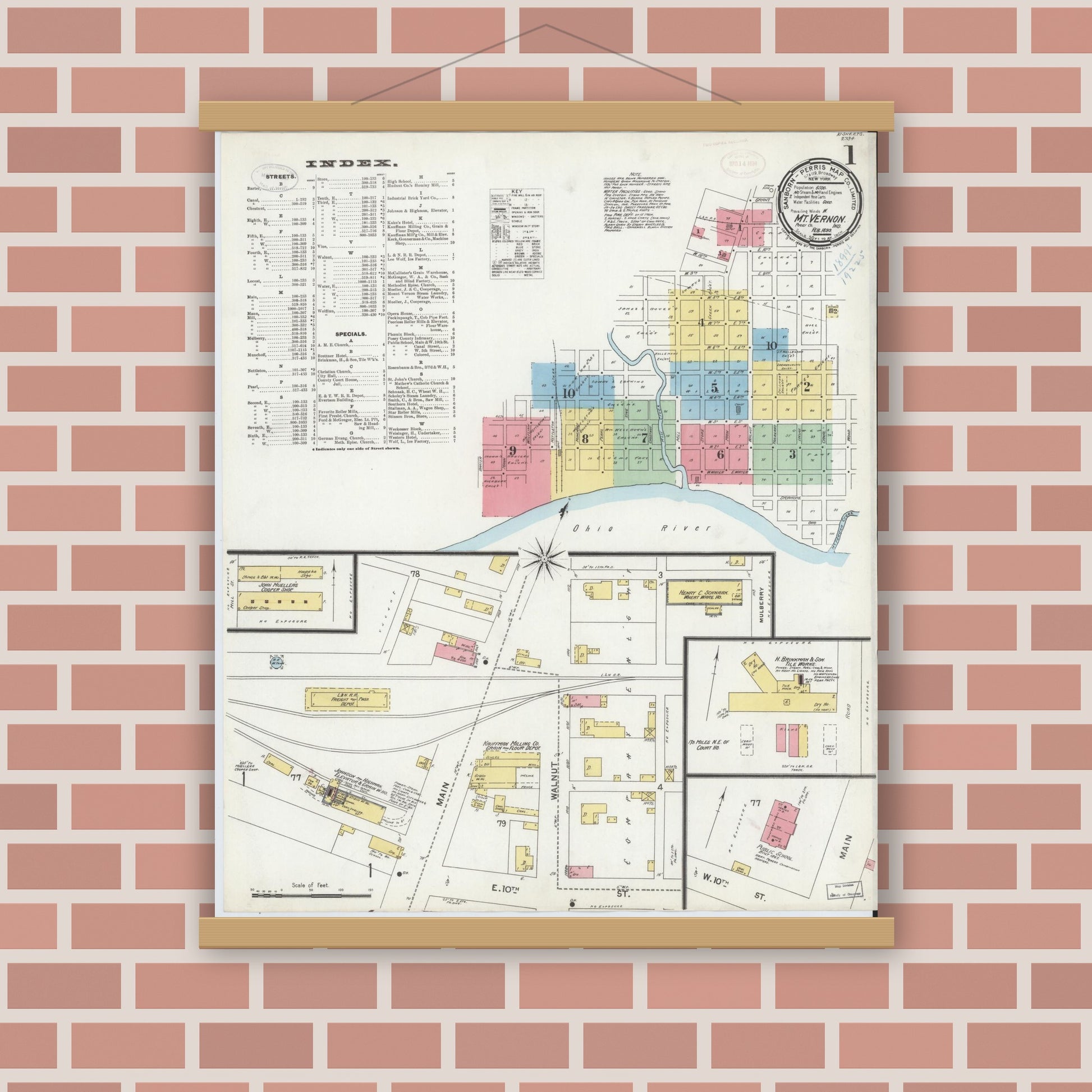 Old map wall art mockup — magnetic wood frame on brick wall — Sanborn Fire Insurance Map from Mount Vernon, Posey County, Indiana (1899), Sheet #0001