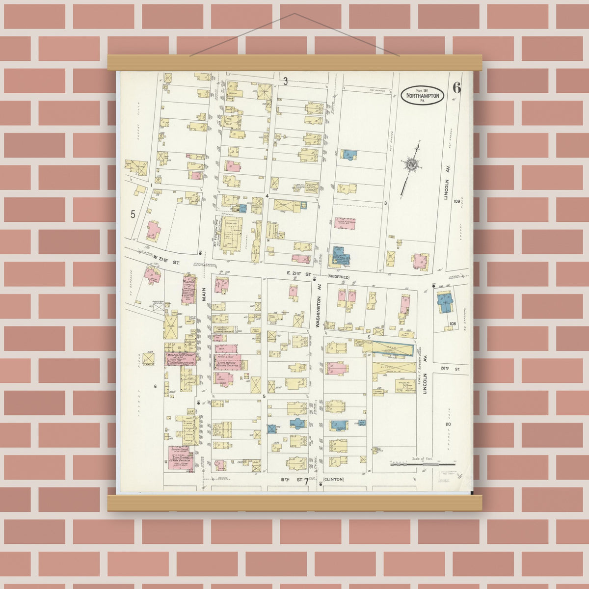 Old map wall art mockup — magnetic wood frame on brick wall — Sanborn Fire Insurance Map from Northampton, Northampton County, Pennsylvania (1911), Sheet #0006