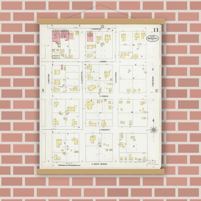 Old map wall art mockup — magnetic wood frame on brick wall — Sanborn Fire Insurance Map from Marshall, Harrison County, Texas (1899), Sheet #0011