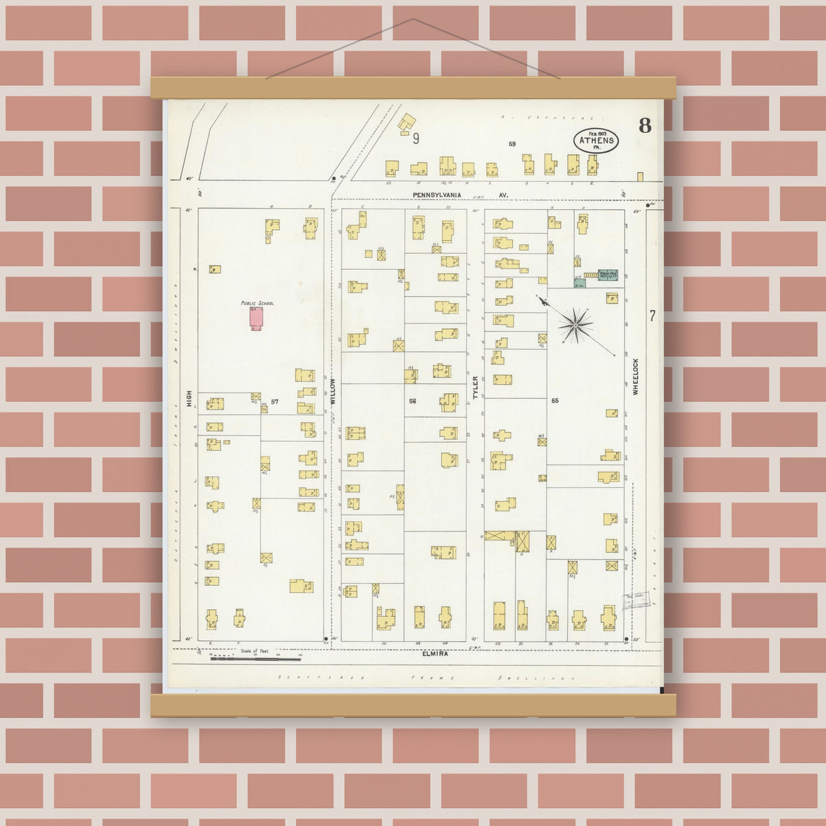 Old map wall art mockup — magnetic wood frame on brick wall — Sanborn Fire Insurance Map from Athens, Bradford County, Pennsylvania (1903), Sheet #0008