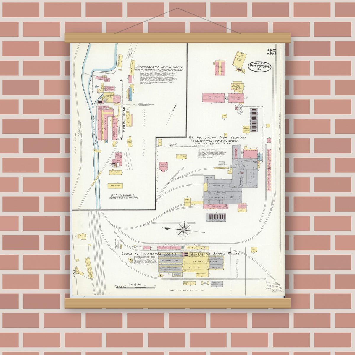 Old map wall art mockup — magnetic wood frame on brick wall — Sanborn Fire Insurance Map from Pottstown, Montgomery County, Pennsylvania (1909), Sheet #0035
