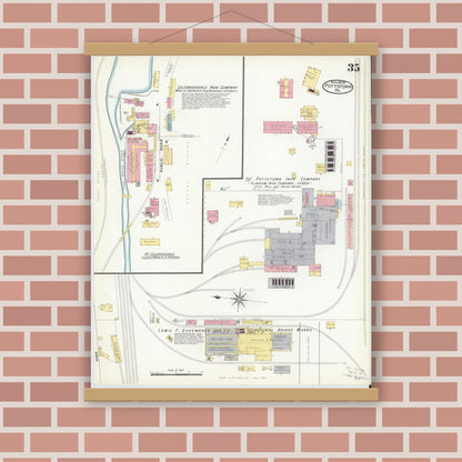 Old map wall art mockup — magnetic wood frame on brick wall — Sanborn Fire Insurance Map from Pottstown, Montgomery County, Pennsylvania (1909), Sheet #0035