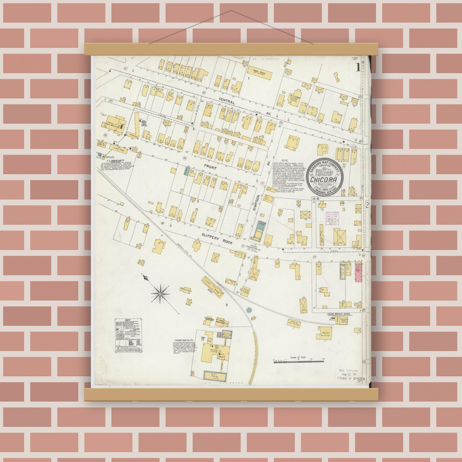 Old map wall art mockup — magnetic wood frame on brick wall — Sanborn Fire Insurance Map from Chicora, Butler County, Pennsylvania (1906) - Complete Map Set