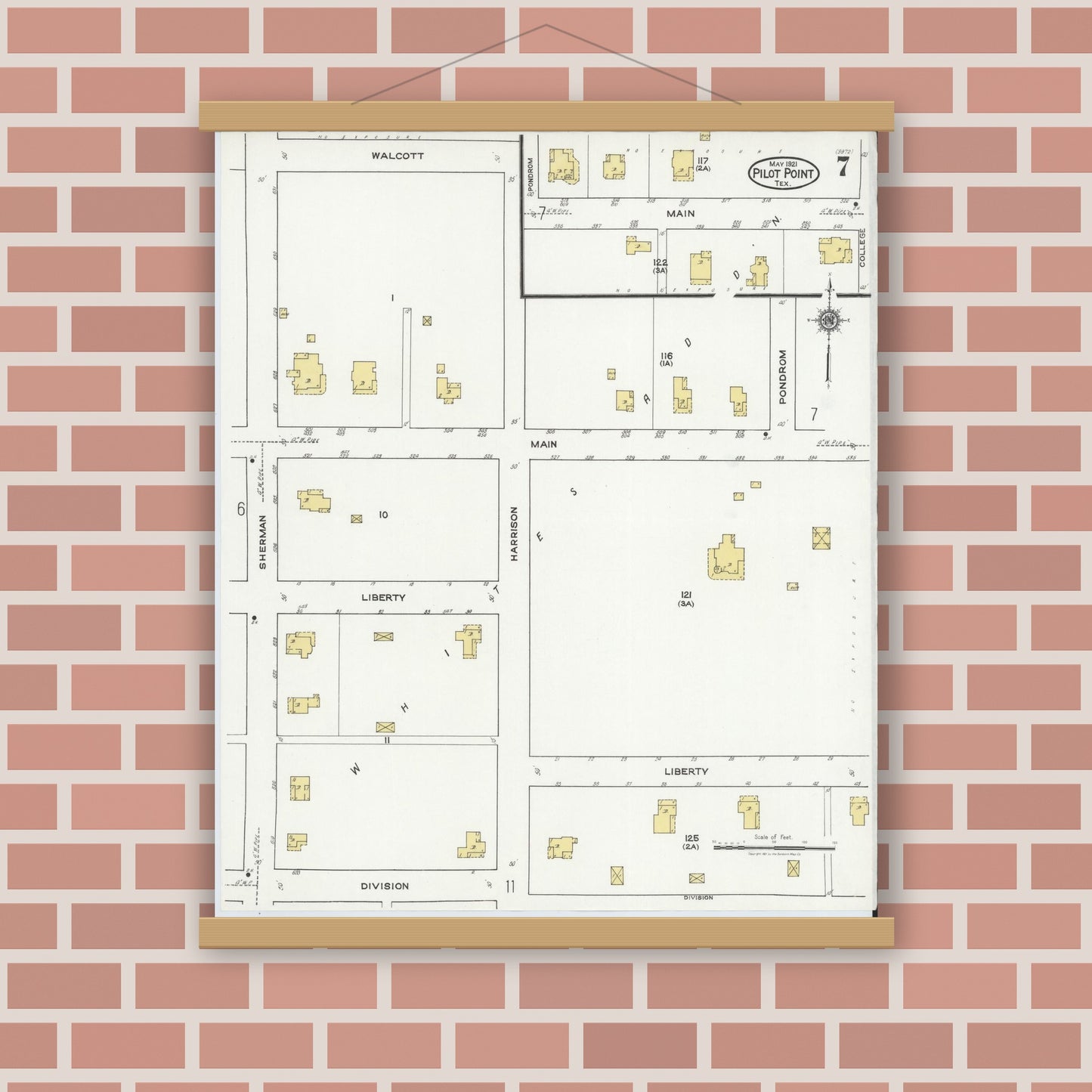 Old map wall art mockup — magnetic wood frame on brick wall — Sanborn Fire Insurance Map from Pilot Point, Denton County, Texas (1921), Sheet #0007