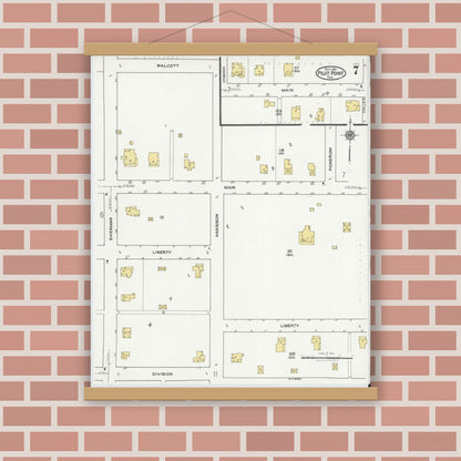 Old map wall art mockup — magnetic wood frame on brick wall — Sanborn Fire Insurance Map from Pilot Point, Denton County, Texas (1921), Sheet #0007