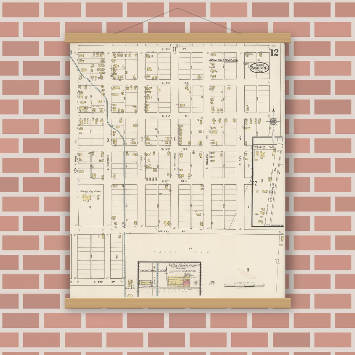 Old map wall art mockup — magnetic wood frame on brick wall — Sanborn Fire Insurance Map from Sanford, Seminole County, Florida (1922), Sheet #0012
