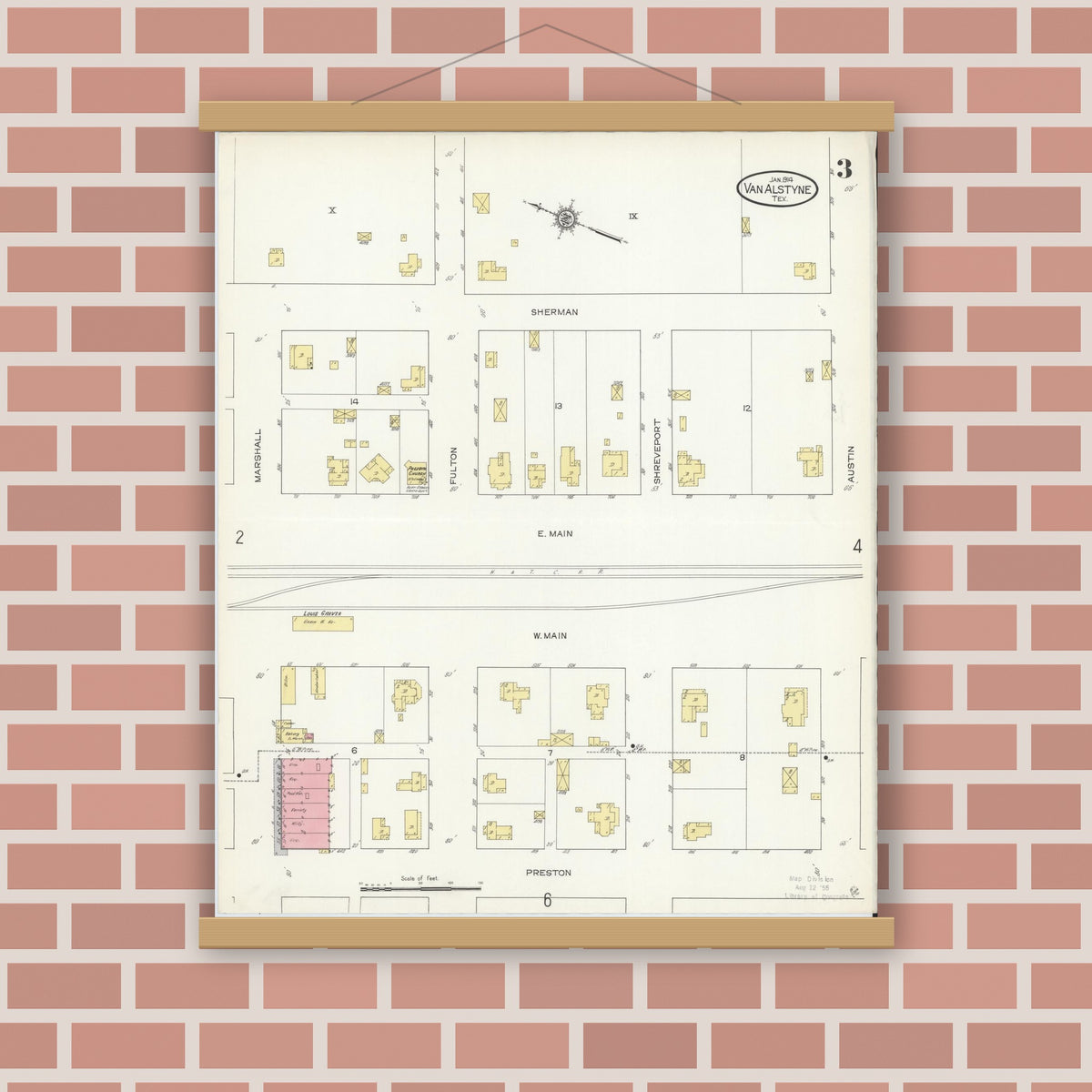Old map wall art mockup — magnetic wood frame on brick wall — Sanborn Fire Insurance Map from Van Alstyne, Grayson County, Texas (1914), Sheet #0003