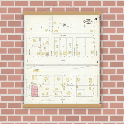 Old map wall art mockup — magnetic wood frame on brick wall — Sanborn Fire Insurance Map from Van Alstyne, Grayson County, Texas (1914), Sheet #0003