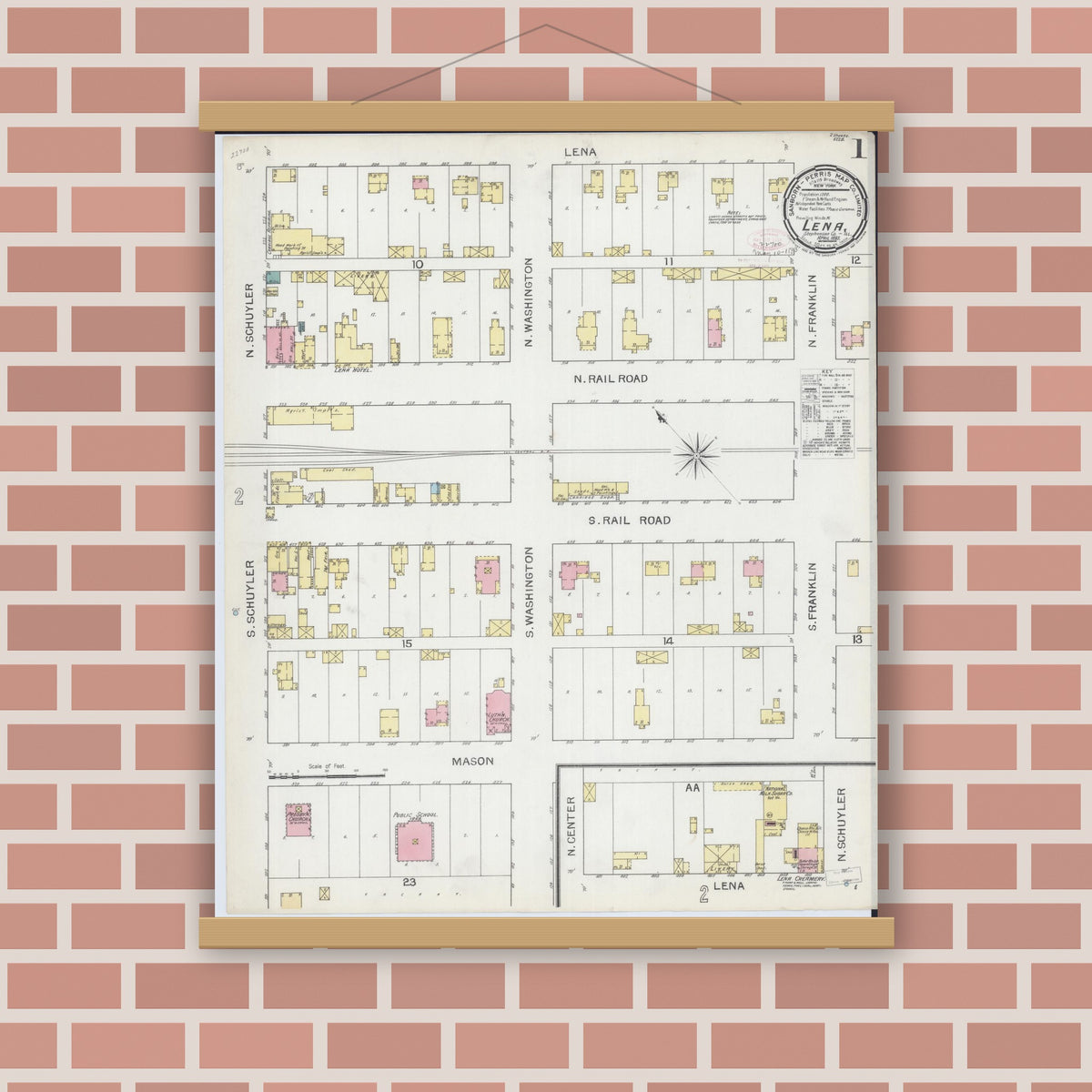 Old map wall art mockup — magnetic wood frame on brick wall — Sanborn Fire Insurance Map from Lena, Stephenson County, Illinois (1893) - Complete Map Set