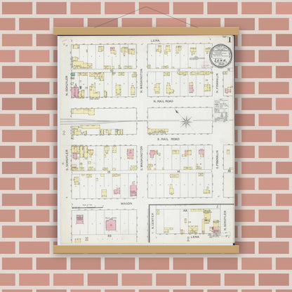Old map wall art mockup — magnetic wood frame on brick wall — Sanborn Fire Insurance Map from Lena, Stephenson County, Illinois (1893) - Complete Map Set