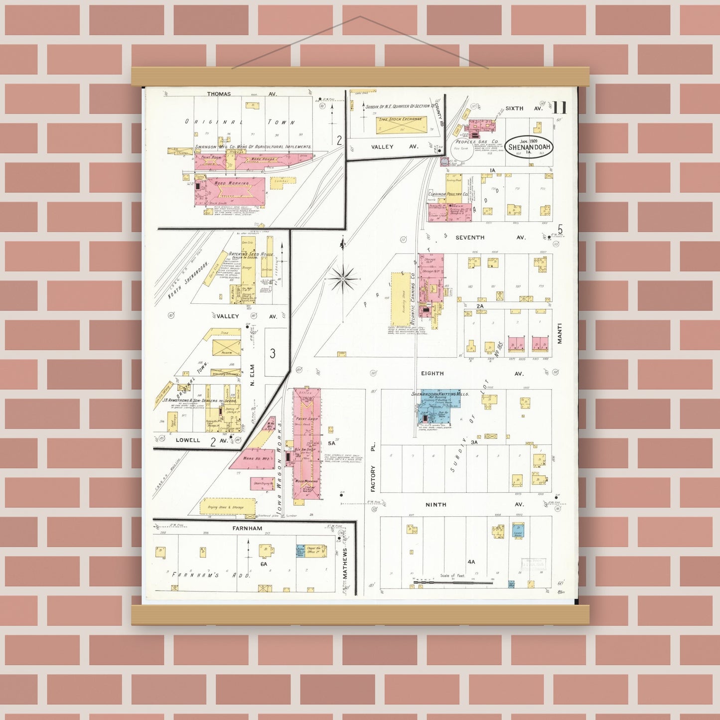 Old map wall art mockup — magnetic wood frame on brick wall — Sanborn Fire Insurance Map from Shenandoah, Page County, Iowa (1909), Sheet #0011