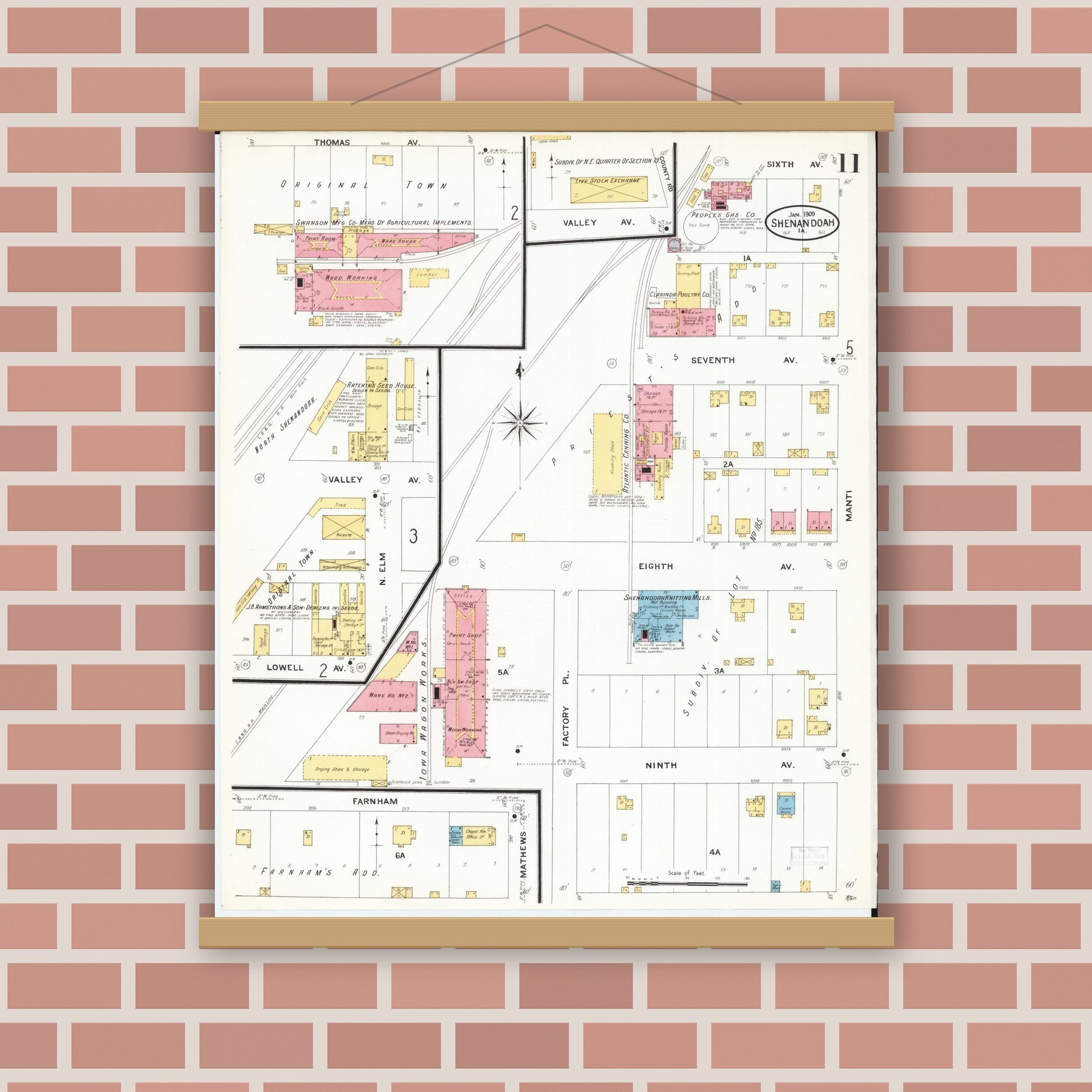 Old map wall art mockup — magnetic wood frame on brick wall — Sanborn Fire Insurance Map from Shenandoah, Page County, Iowa (1909), Sheet #0011