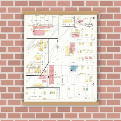 Old map wall art mockup — magnetic wood frame on brick wall — Sanborn Fire Insurance Map from Shenandoah, Page County, Iowa (1909), Sheet #0011