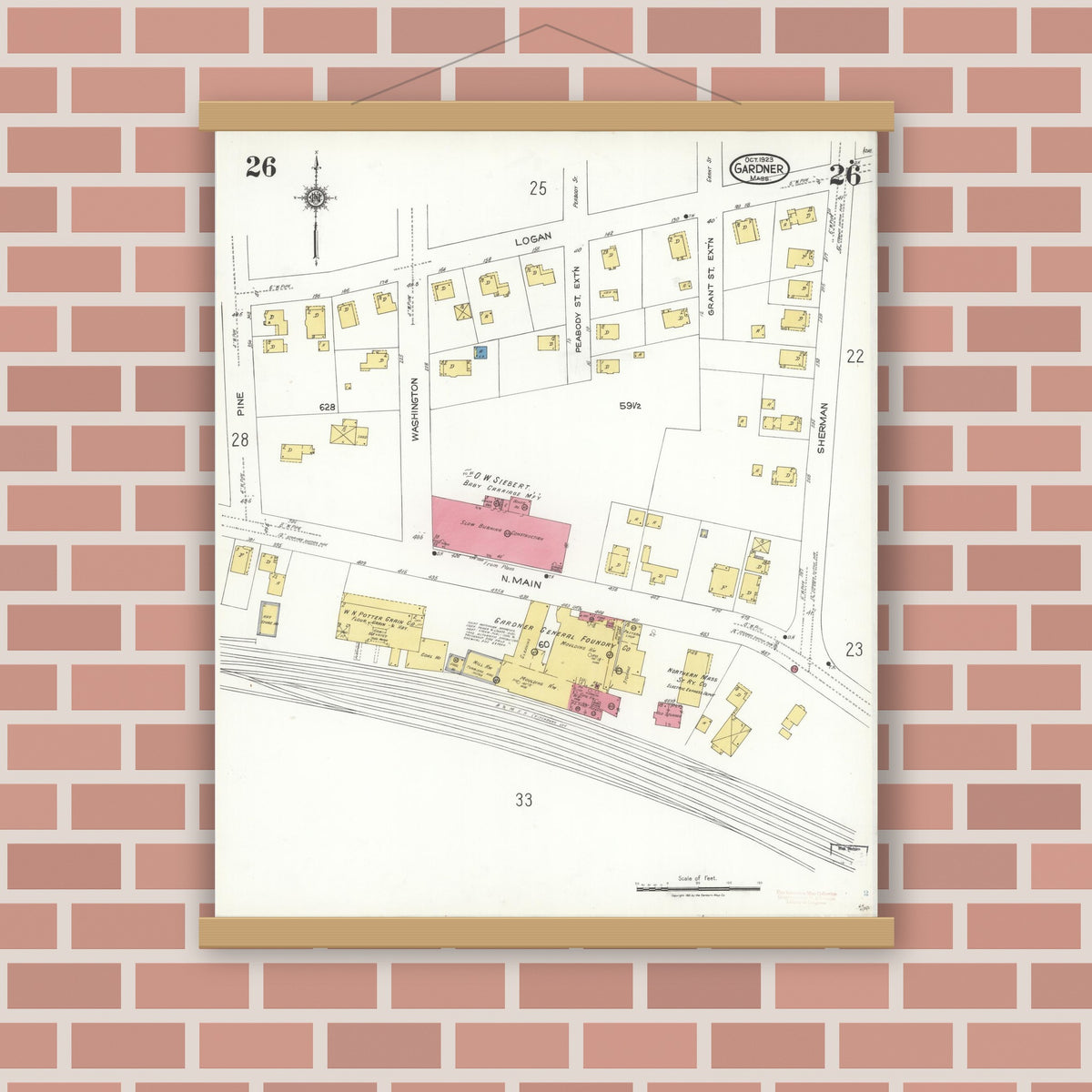 Old map wall art mockup — magnetic wood frame on brick wall — Sanborn Fire Insurance Map from Gardner, Worcester County, Massachusetts (1923), Sheet #0026