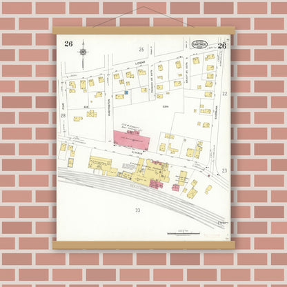 Old map wall art mockup — magnetic wood frame on brick wall — Sanborn Fire Insurance Map from Gardner, Worcester County, Massachusetts (1923), Sheet #0026