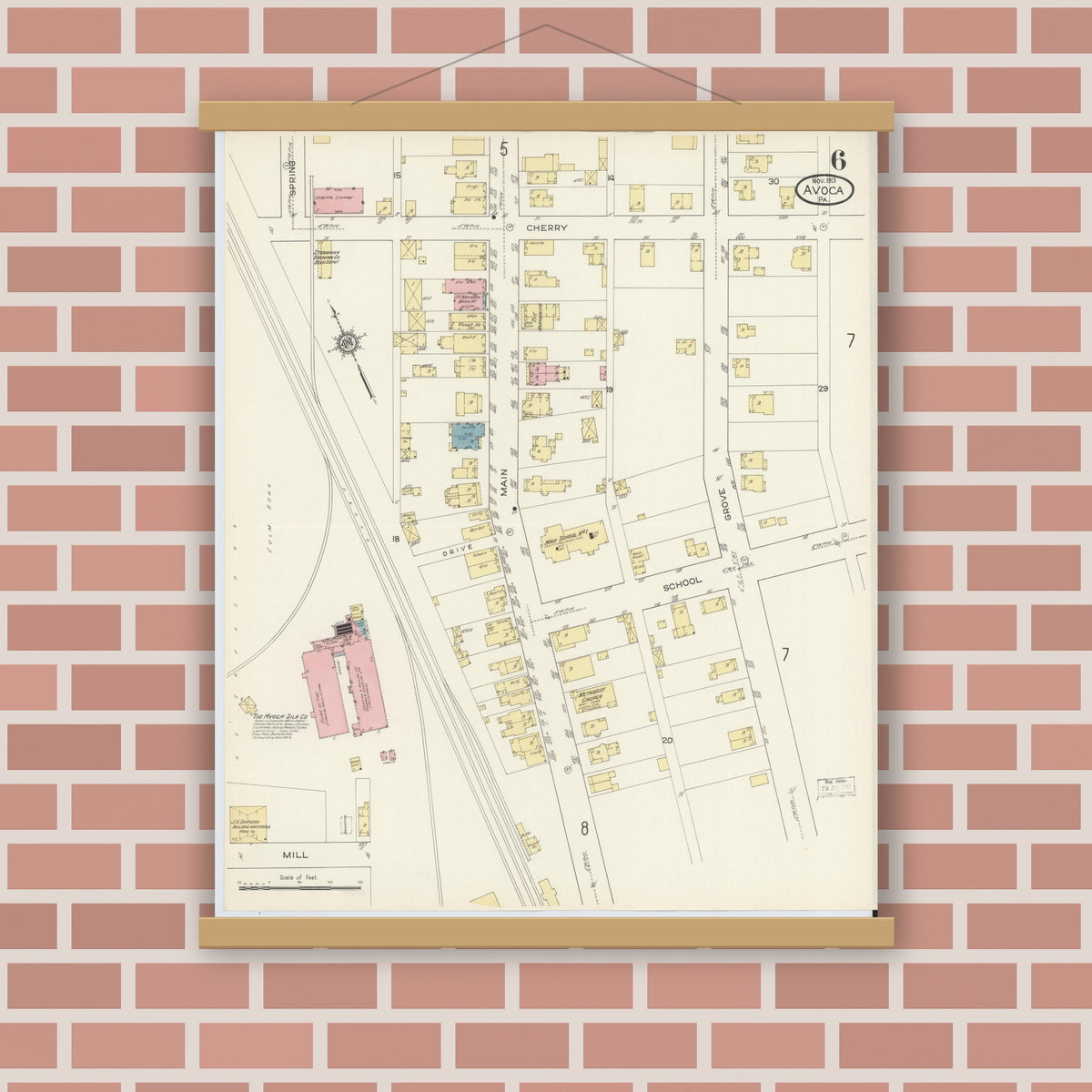 Old map wall art mockup — magnetic wood frame on brick wall — Sanborn Fire Insurance Map from Avoca, Luzerne County, Pennsylvania (1913), Sheet #0006