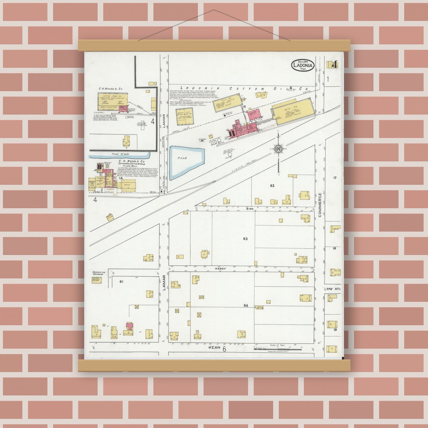 Old map wall art mockup — magnetic wood frame on brick wall — Sanborn Fire Insurance Map from Ladonia, Fannin County, Texas (1919), Sheet #0004