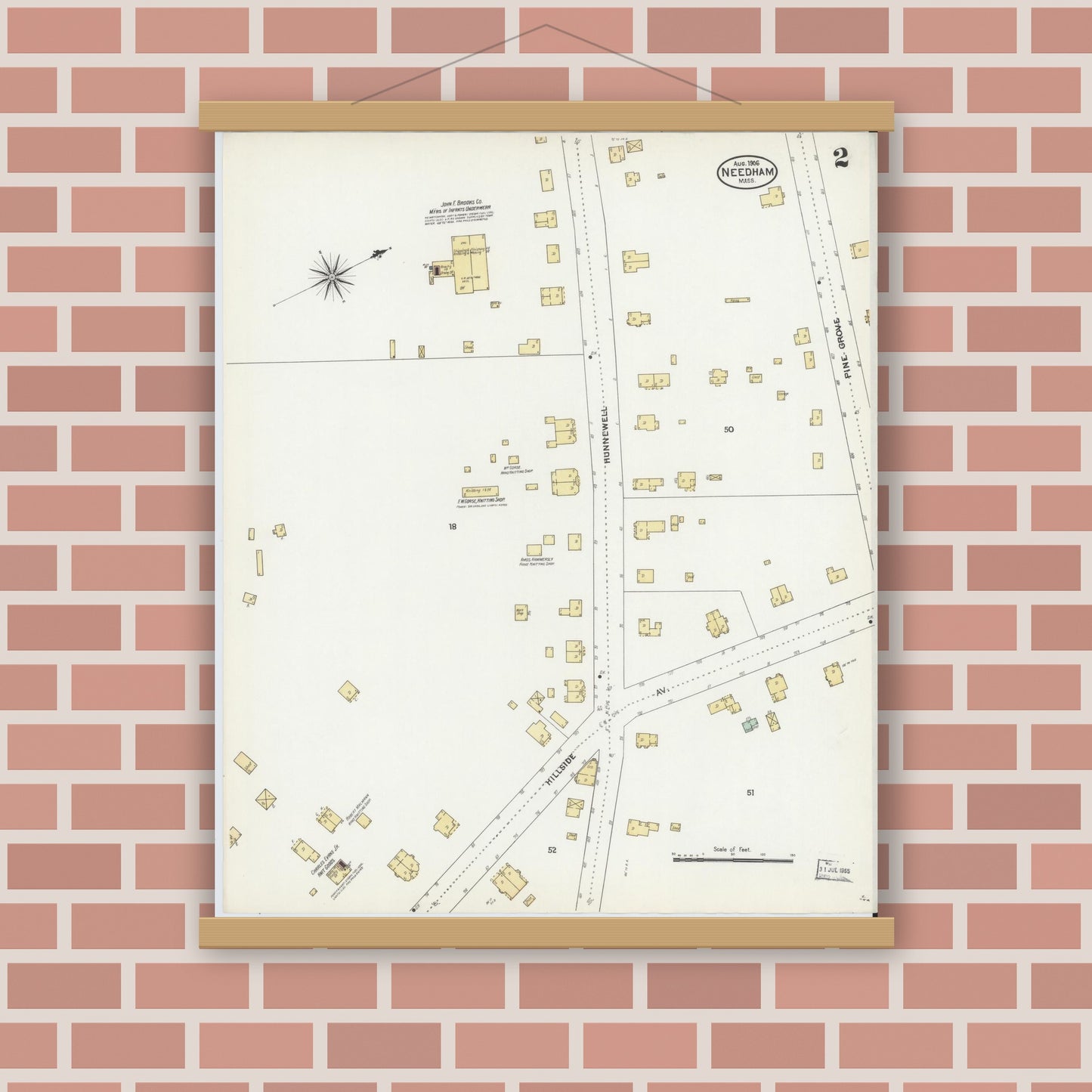 Old map wall art mockup — magnetic wood frame on brick wall — Sanborn Fire Insurance Map from Needham, Norfolk County, Massachusetts (1906), Sheet #0002